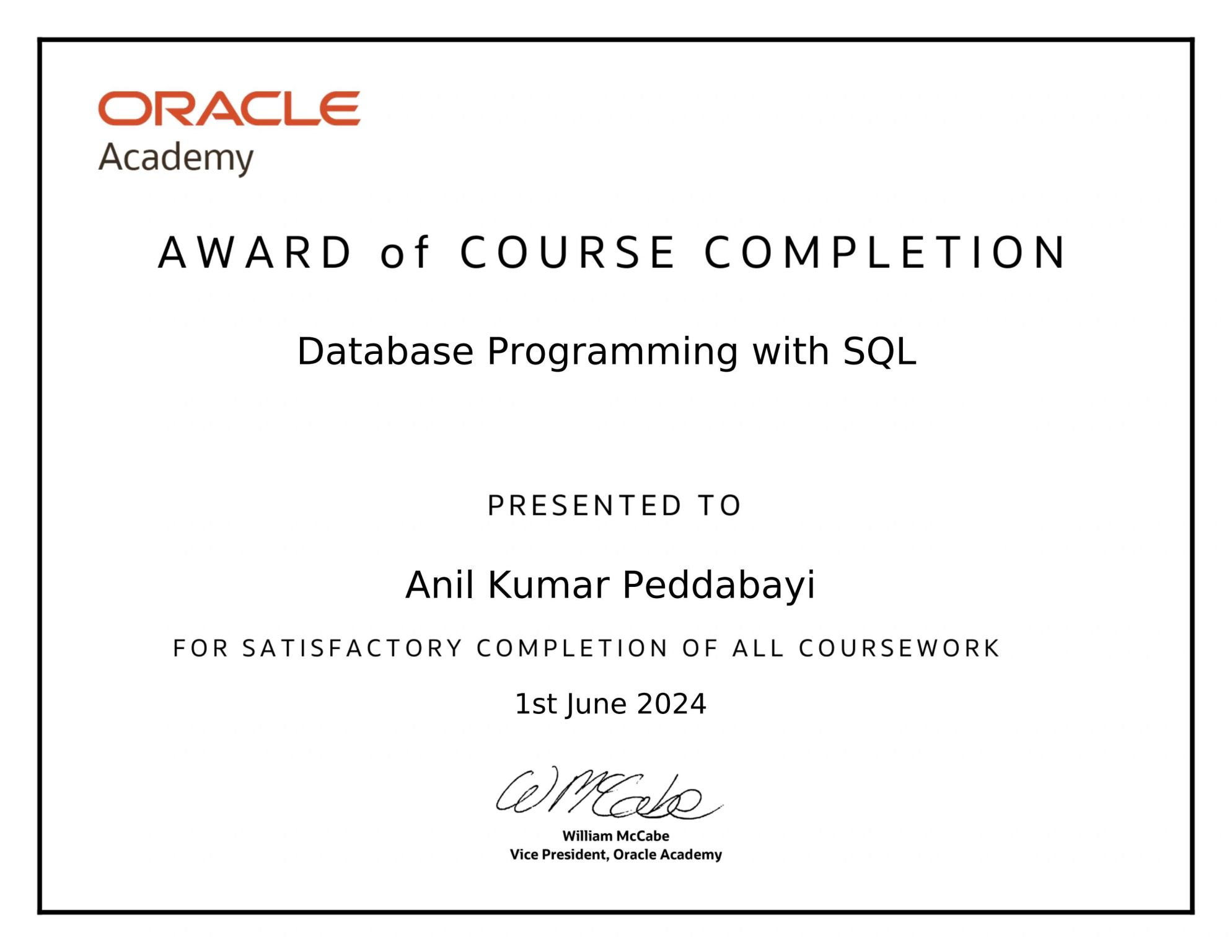 Database Certificate