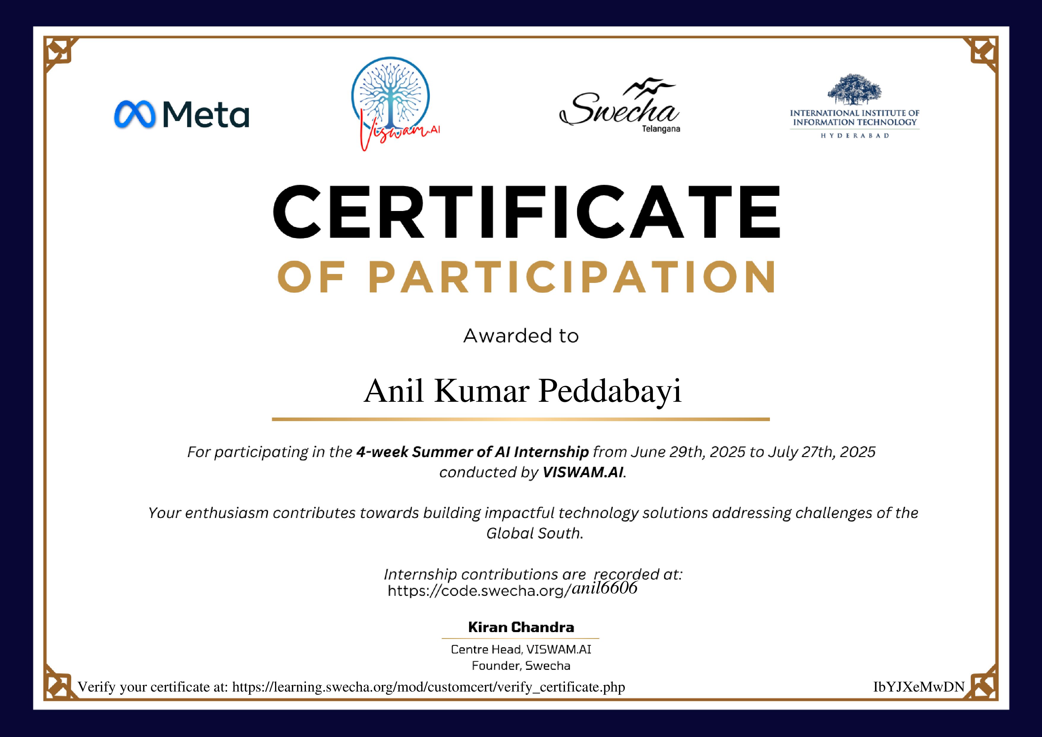 Swecha Data Collection Internship Certificate